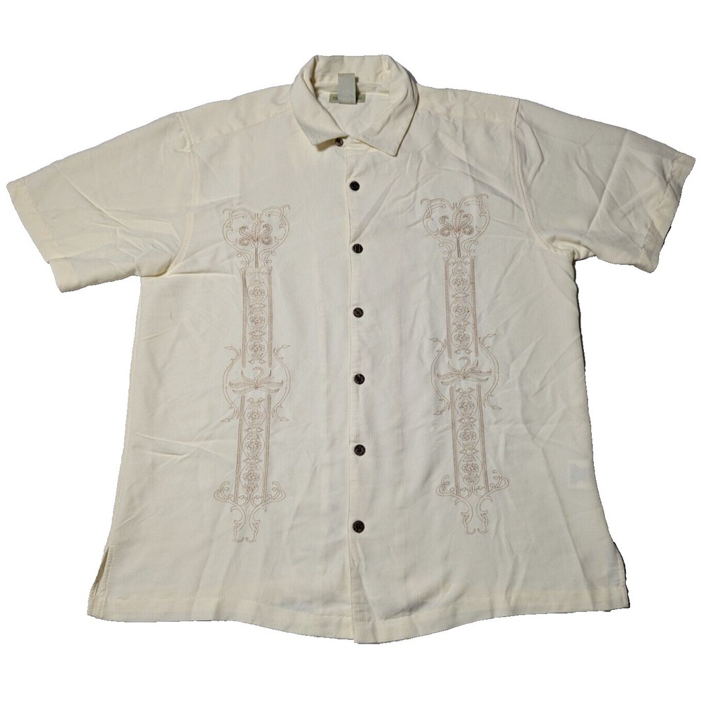 TRADER BAY Men Large Ivory Rayon Blend Embroidered Button-Up Shirt